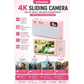 Dijital Kamera 4k Hd 48mp 16x Zoom Flaşlı Kayar Retro Video Kamera 2.8’’ Ekran 64gb Sd Kart Hediyeli Pembe