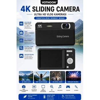 Dijital Kamera 4k Hd 48mp 16x Zoom Flaşlı Kayar Retro Video Kamera 2.8’’ Ekran 64gb Sd Kart Hediyeli Siyah