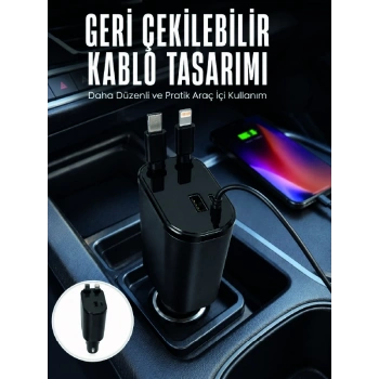 Dijital Voltaj Göstergeli Araç Şarj Cihazı Geri Çekilebilir Kablolu 4 Portlu Hızlı Şarj Adaptörü