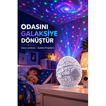 Dinozor Yumurtası Galaksi Projektör Gece Lambası 4ü 1 Arada – Bluetooth Hoparlörlü