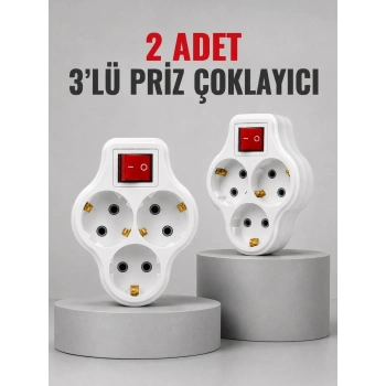 Direkt Duvar Prizine Takılan 3’lü Priz Adaptörü Anahtarlı Priz Çoklayıcı 2 Adet