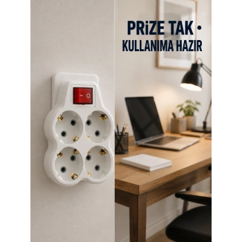 Duvar Priz Çoğaltıcı 4 Çıkışlı Açma Kapama Düğmeli Kablosuz Priz Adaptörü
