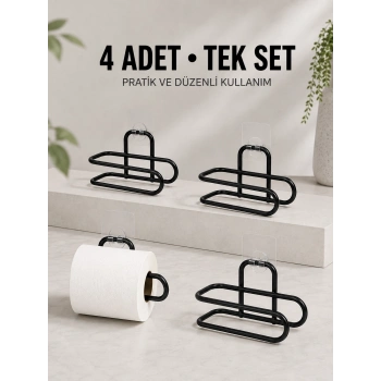 Duvara Yapışkanlı Wc Kağıtlık Siyah Metal 4 Adet Tuvalet Kağıdı Rulo Askısı