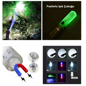 El Feneri 8 Mod Şarjlı Fosforlu Mıknatıslı Led El Feneri (599)