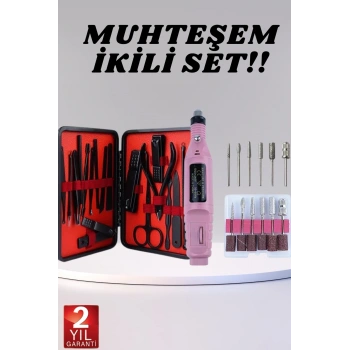 Elektrikli Manikür Pedikür Seti İkili Set 17 Parça Tırnak Bakımı Nasır Temizleme Tırnak Şekillendirme