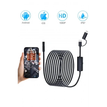 Endoskop Yılan Video Kamera Ios Ve Android Uyumlu Led’li 10 Metre 8 Mm Sert Kablo 2mp