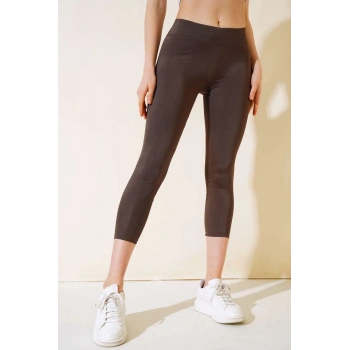 Esnek Yüksek Bel Kahverengi Uzun Parlak Disco Tayt