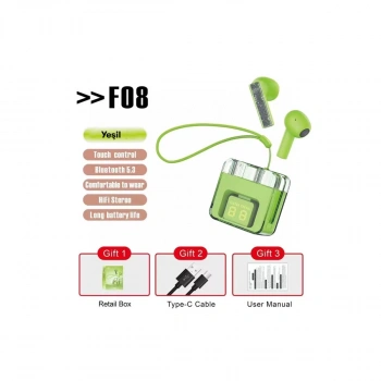 F08 Dijital Şarj Göstergeli Tws Bluetooth Kulaklık - Yeşil