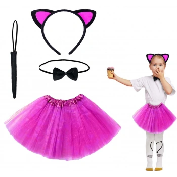 Fuşya Renk Kedi Kostüm Seti - Tütü, Taç, Papyon, Kuyruk