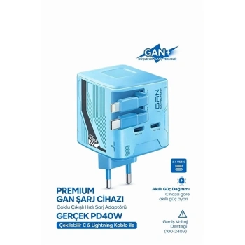 Gan+ Pd 40w Hızlı Şarj Adaptörü Çoklu Çıkış Usb-c Lightning Kablolu Hızlı Şarj Cihazı Ev Ofis Uyumlu Mavi