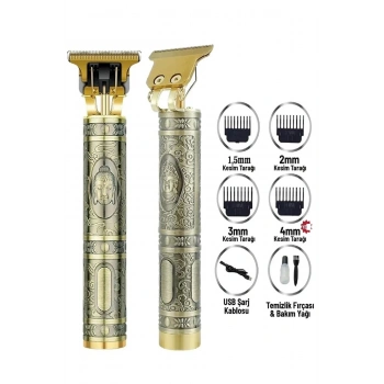 Gold Uçlu Vintage Şarjlı Traş Makinesi Saç Sakal Ense Çizim Vucüt Kılı Tıraş Makinası (599)