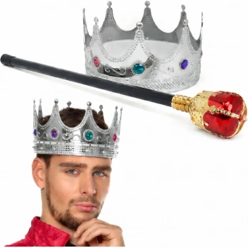 Gümüş Kral Tacı 60 Cm Ve Kırmızı Topuzlu Kral Asası Seti