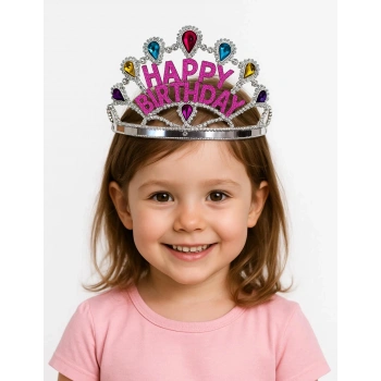 Gümüş Renk Happy Birthday Yazılı Doğum Günü Tacı 60 Cm