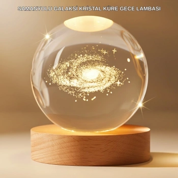 Gün Işığı Led’li 3d Kristal Galaksi Küre Ahşap Tabanlı Dekoratif Lamba