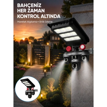 Güneş Enerjili 3 Lens Akıllı Güvenlik Kamerası Led Projektörlü Dış Mekan Koruma Sistemi