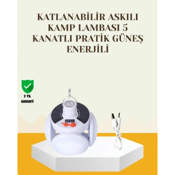 Güneş Paneliyle Şarj Olan Katlanabilir Led Çadır Lambası – 5 Kademeli Aydınlatma
