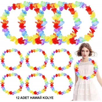 Hawaii Çiçekli Boyun Kolyesi - Renkli Tropikal Parti Leisi 12 Adet
