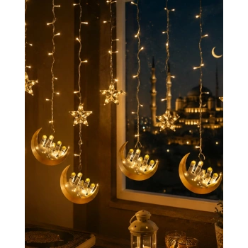 Hilal Yıldız Led Ramazan Işığı 3 Metre Dekoratif Perde Aydınlatması
