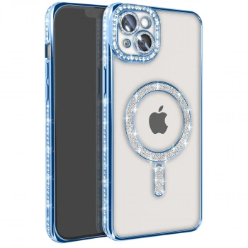 İphone 14 Kılıf Joke Simli Magneticsafe Kılıf - Mavi