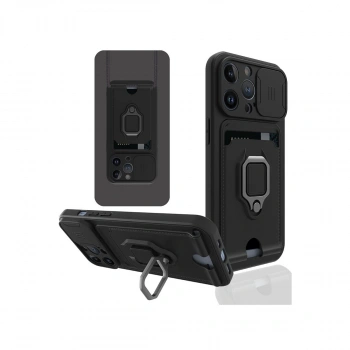 İphone 14 Pro Kılıf Zuma Kartvizitli Yüzüklü Silikon - Siyah