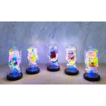 Işıklı Müzikli Fanus İçinde Sevimli Ayıcıklı Gül Buketi