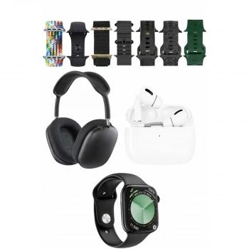 K32 Kombo 7 Adet Kordon (saat Değildir) Akıllı Saat Airpods Kulaklık Kafa Üstü Kablosuz Kulaklık Set - Siyah