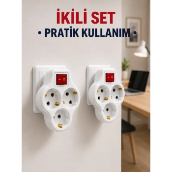 Kablosuz 3’lü Priz Çoklayıcı Açma Kapama Anahtarlı Duvar Tipi 2 Adet Set
