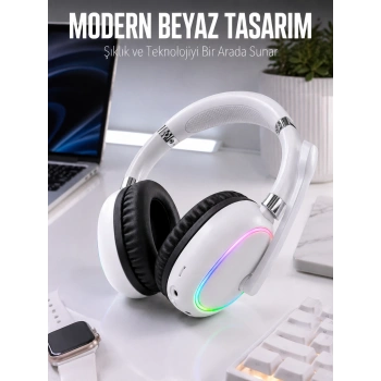 Kablosuz Bluetooth Mikrofonlu Beyaz Kulaklık  Rgb Işıklı