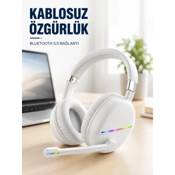 Kablosuz Bluetooth Mikrofonlu Beyaz Kulaklık  Rgb Işıklı