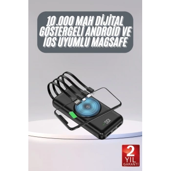 Kablosuz Çoklu Şarj Girişli 10.000 Mah Kablolu Powerbank Taşınabilir