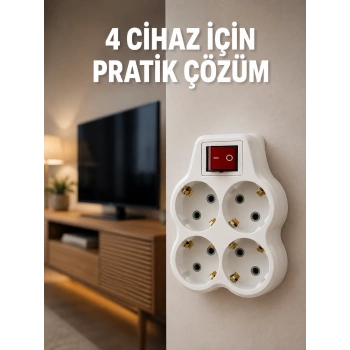 Kablosuz Duvar Tipi 4’lü Priz Çoklayıcı Anahtarlı Elektrik Priz Çoğaltıcı