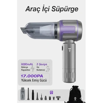 Kablosuz Taşınabilir Araç İçi El Süpürgesi 17000pa Güçlü Vakum 4’ü 1 Arada Çok Amaçlı Temizlik