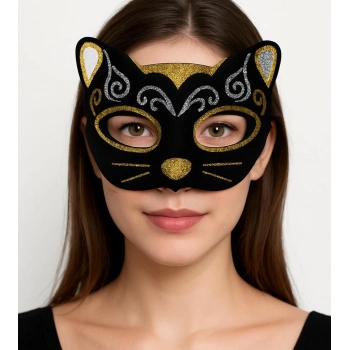 Kadife Dokulu Sim Detaylı Işıltılı Kedi Maskesi Altın Gümüş 20x13 Cm