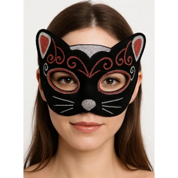Kadife Dokulu Sim Detaylı Işıltılı Kedi Maskesi Kırmızı Gümüş 20x13 Cm