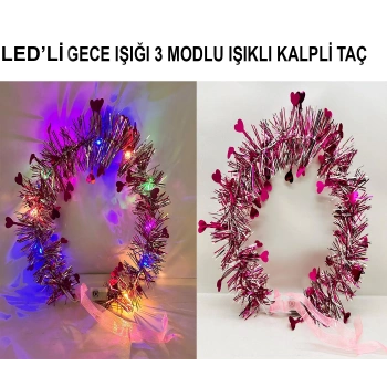 Kalp Püsküllü 3 Modlu Led Işıklı Taç Fuşya Renk