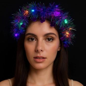 Kalp Püsküllü Gece Parıltısı 3 Modlu Led39li Işıklı Taç Mor Renk