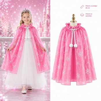 Kar Tanesi Desenli Pembe Elsa Pelerini - Astarlı Frozen Pelerini 85 Cm