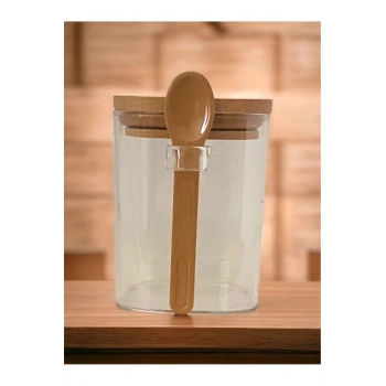 Kare Bambu Kapaklı Kaşıklı Kristal Plastik Baharat Saklama Kabı 500Ml ( 1 Adet )Hs501 (599)