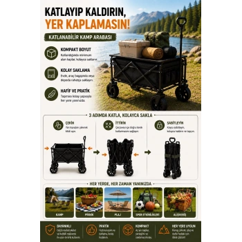 Katlanır Kamp Arabası 130 Kg Kapasiteli Üst Tablalı Kalın Tekerlekli Çok Amaçlı Taşıma Arabası