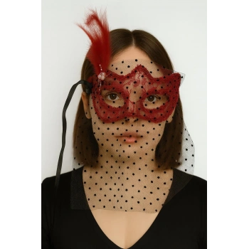 Kırmızı Renk Dantelli Duvaklı İncili Parti Maskesi Balo