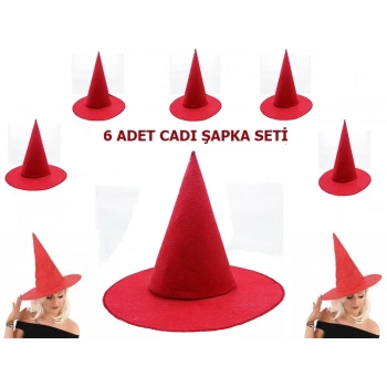 Kırmızı Renk Keçe Cadı Şapkası Yetişkin Çocuk Uyumlu 6 Adet