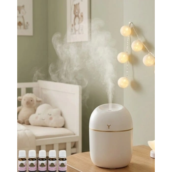 Kompakt Mini Hava Nemlendirici 5 Esans Hediyeli Led Işıklı Usb Aromaterapi Cihazı
