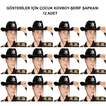 Kovboy Şerif Şapkası Siyah 12 Adet - Kostüm, Parti Ve Gösteri Şapkası