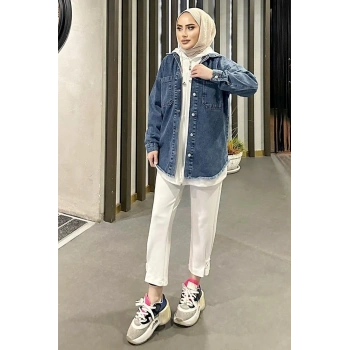 Koyu Mavi Kar Yıkama Püskül Detay Kot Ceket Oversize