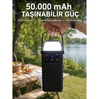 Led Aydınlatmalı Powerbank 50.000 Mah 22,5 W Hızlı Şarj 4 Dahili Kablolu Dijital Pil Göstergeli Batarya