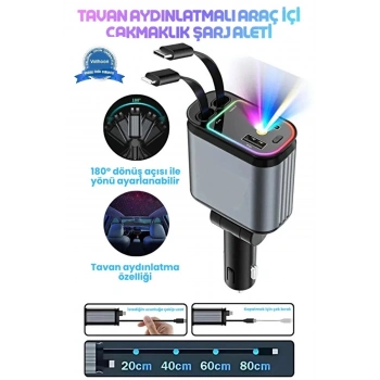 Led Işık Tavan Aydınlatmalı 66w 4’1 Çift Kablolu Hızlı Şarj 3.4a Araç İçi Çakmaklık Şarj Aleti