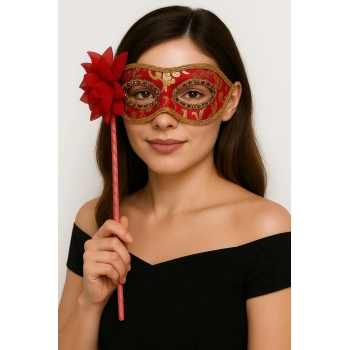 Lüks Taşlı Saplı Maskeli Balo Maskesi Kırmızı Renk 35 Cm