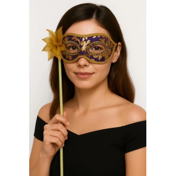 Lüks Taşlı Saplı Maskeli Balo Maskesi Mor Renk 35 Cm