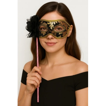 Lüks Taşlı Saplı Maskeli Balo Maskesi Siyah Renk 35 Cm
