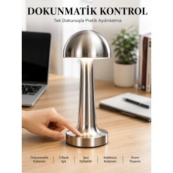 Mantar Masa Lambası Dokunmatik 3 Renk Işık Şarjlı Kablosuz Modern Krom Tasarım Yeni Nesil